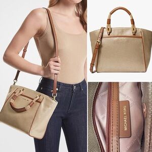 Michael Kors Talia  Metallic Cotton Canvas Tote Crossbody Bag, Pale Gold EUC